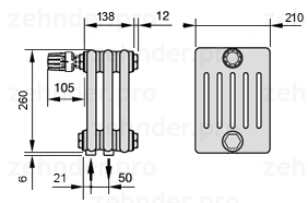 Схема (чертеж) Радиатор Zehnder Charleston 6026/3 №V001 Белый глянцевый RAL 9016